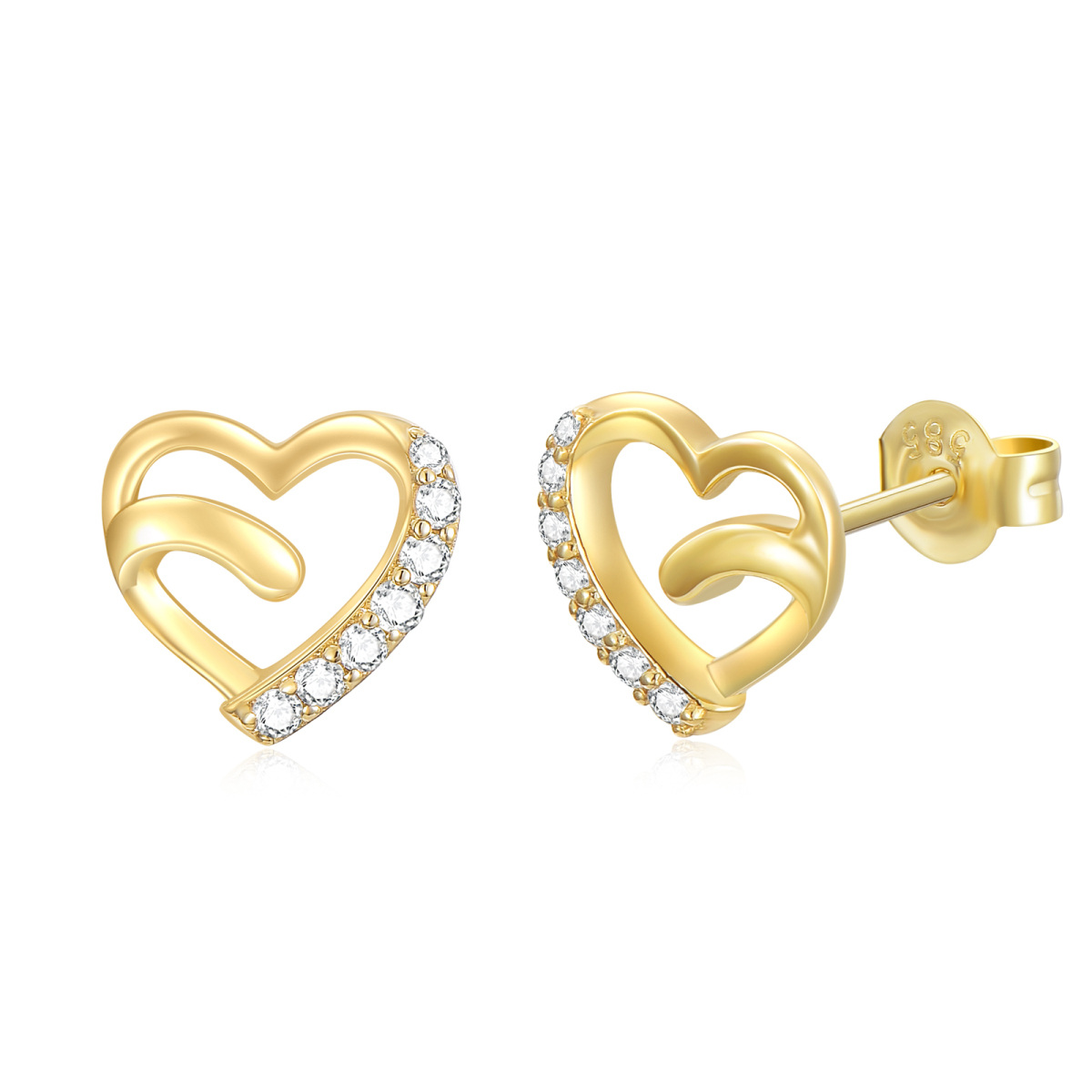 10K Gold Cubic Zirconia Heart Stud Earrings-1