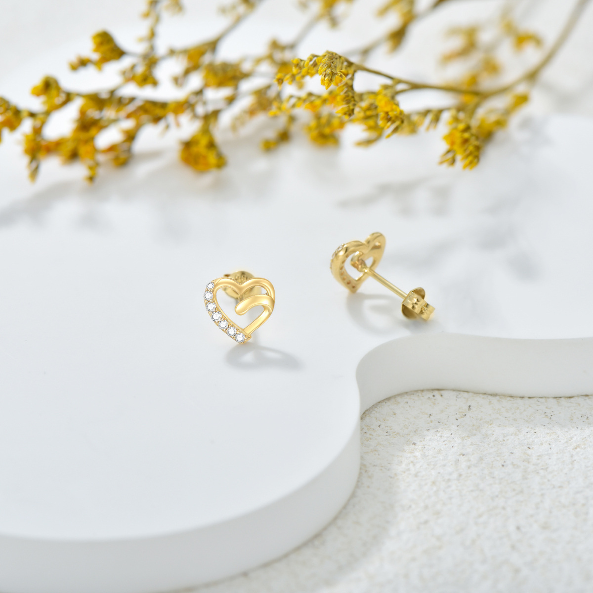 10K Gold Cubic Zirconia Heart Stud Earrings-3