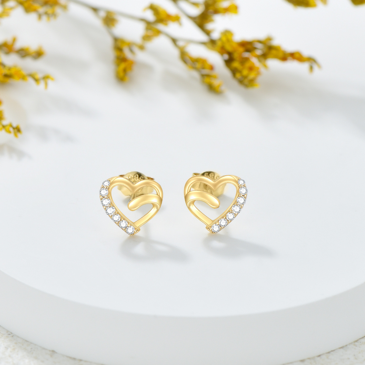 10K Gold Cubic Zirconia Heart Stud Earrings-4