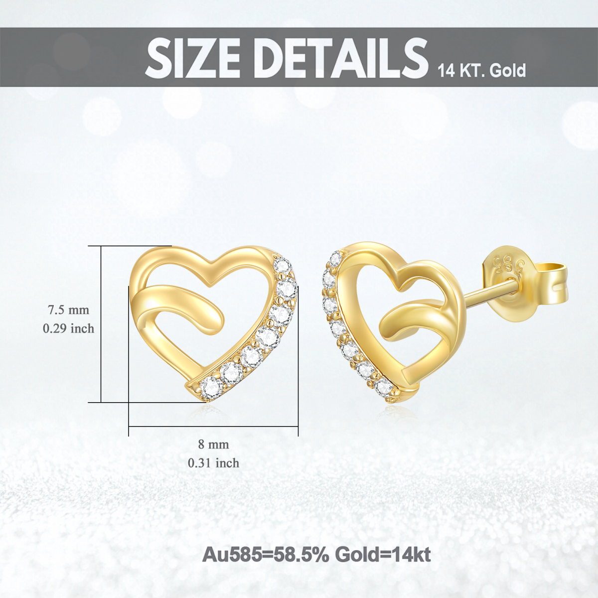 10K Gold Cubic Zirconia Heart Stud Earrings-6