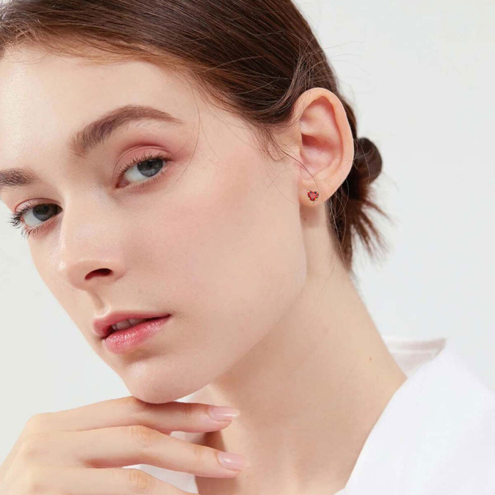 10K Gold Cubic Zirconia Heart Stud Earrings-2