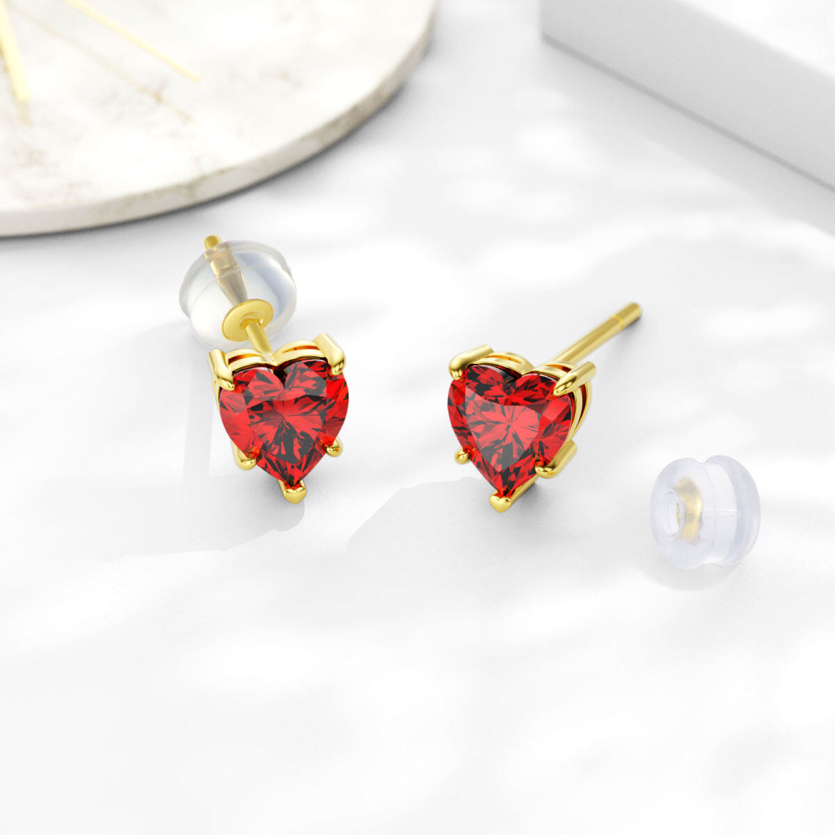 14K Gold Cubic Zirconia Heart Stud Earrings-3