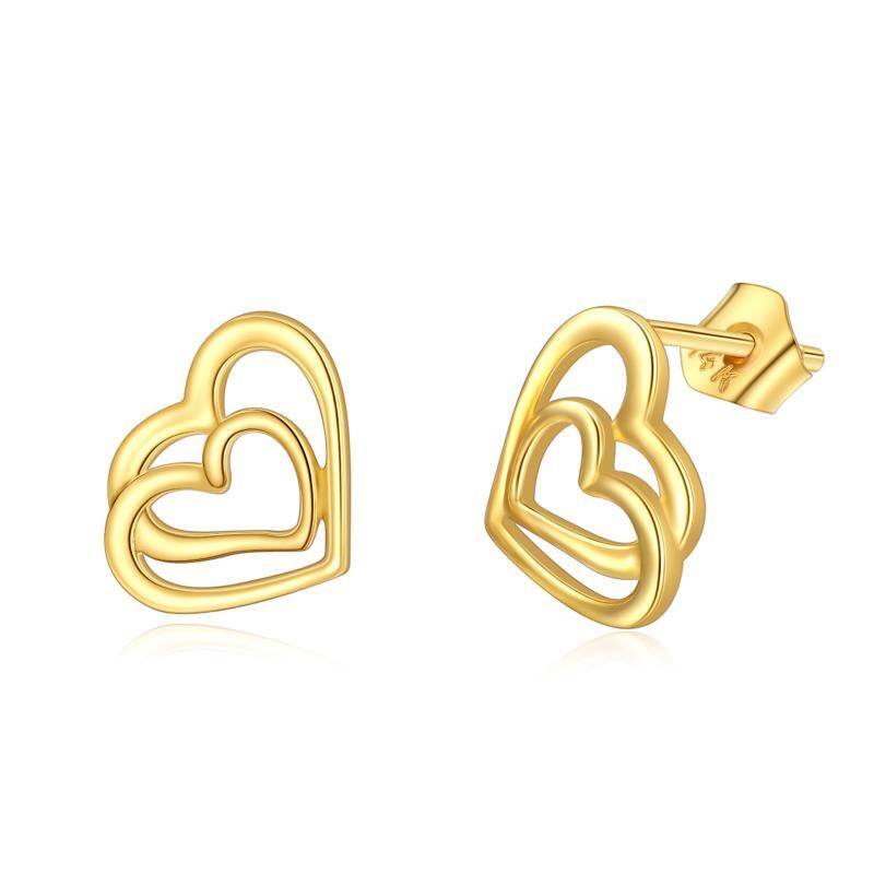 10K Gold Heart With Heart Stud Earrings For Women-1