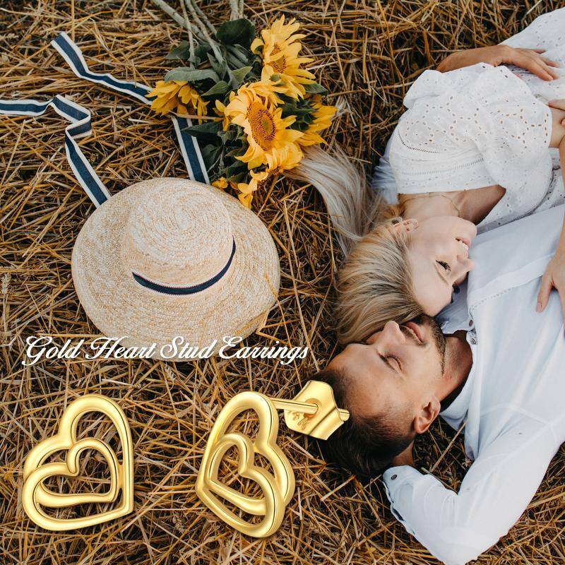14K Gold Heart With Heart Stud Earrings For Women-3