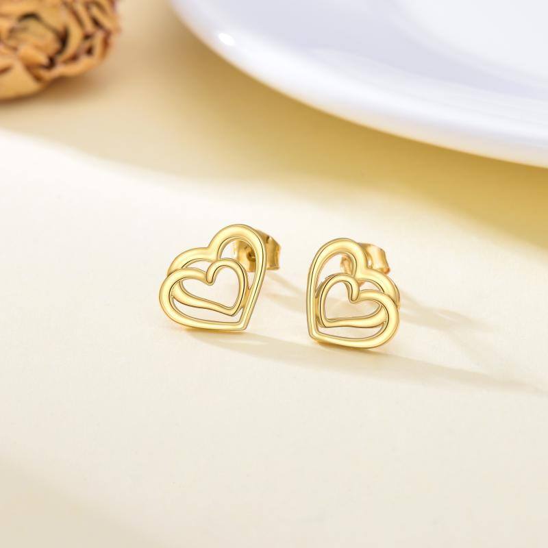 10K Gold Heart With Heart Stud Earrings For Women-4