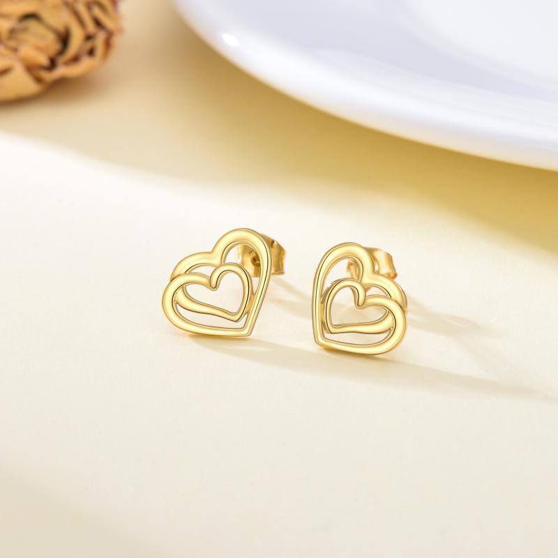 14K Gold Heart With Heart Stud Earrings For Women-4