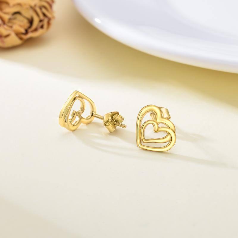 10K Gold Heart With Heart Stud Earrings For Women-5