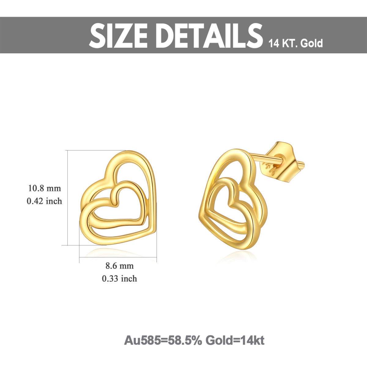 10K Gold Heart With Heart Stud Earrings For Women-6