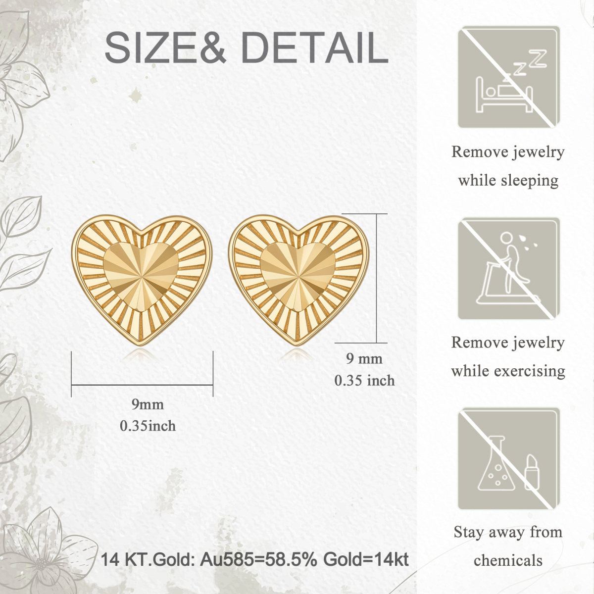 Aretes de corazón de oro de 14 quilates-5