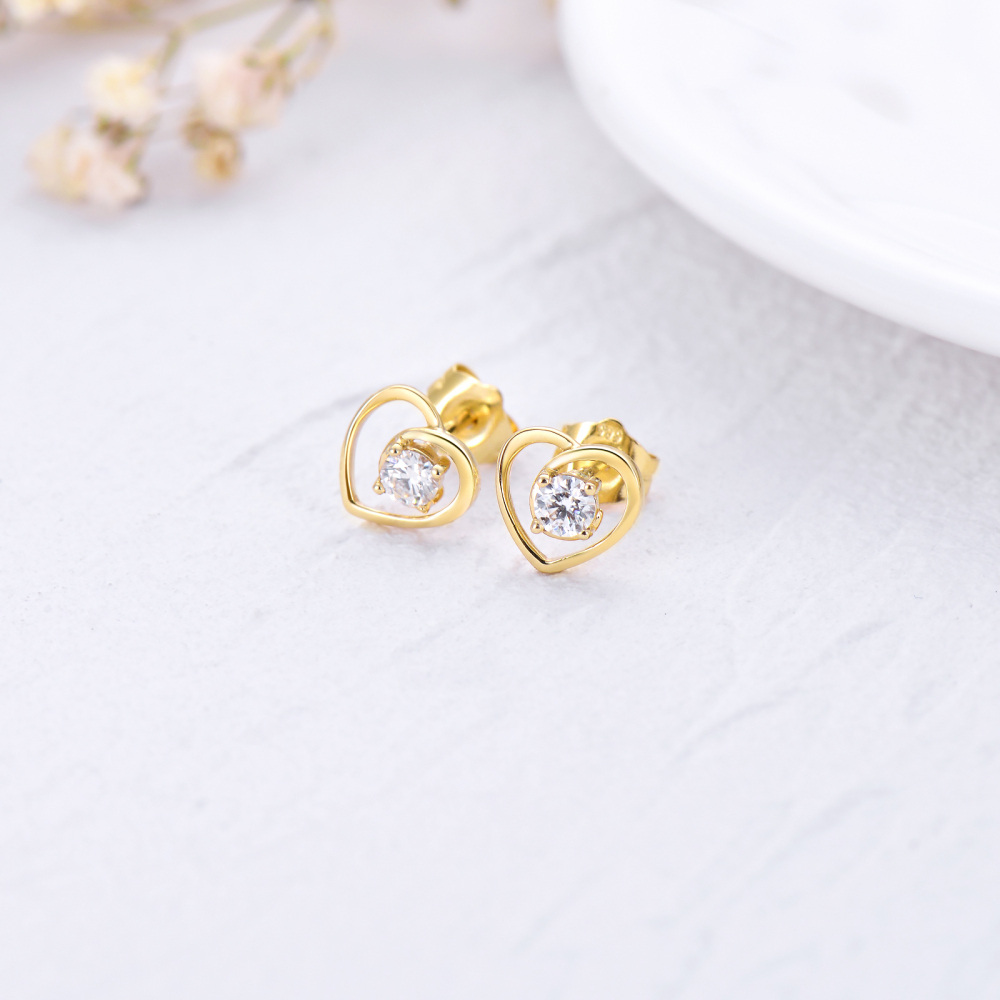 10K Gold Cubic Zirconia Heart Stud Earrings-3