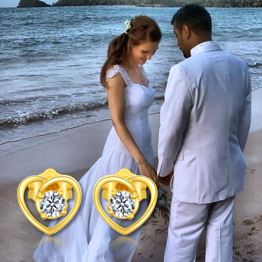 10K Gold Cubic Zirconia Heart Stud Earrings-5