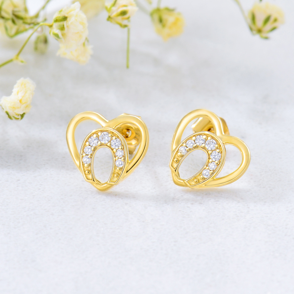 10K Gold Cubic Zirconia Heart Stud Earrings-3