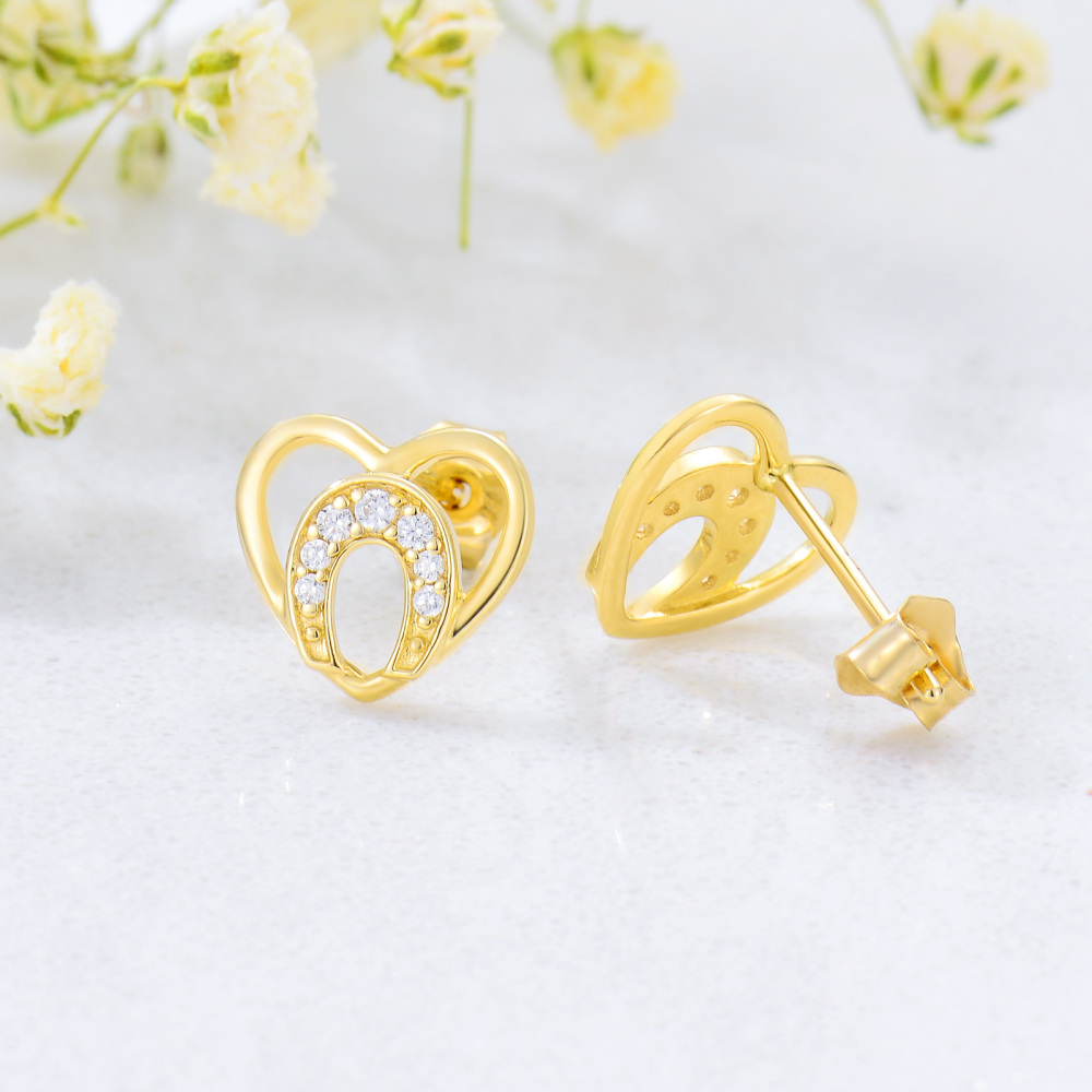 10K Gold Cubic Zirconia Heart Stud Earrings-4