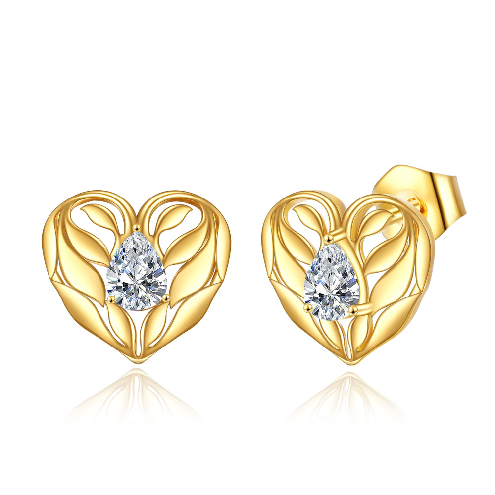 10K Gold Cubic Zirconia Heart Stud Earrings-1