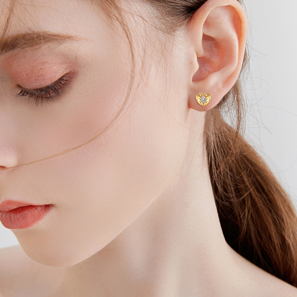 10K Gold Cubic Zirconia Heart Stud Earrings-2