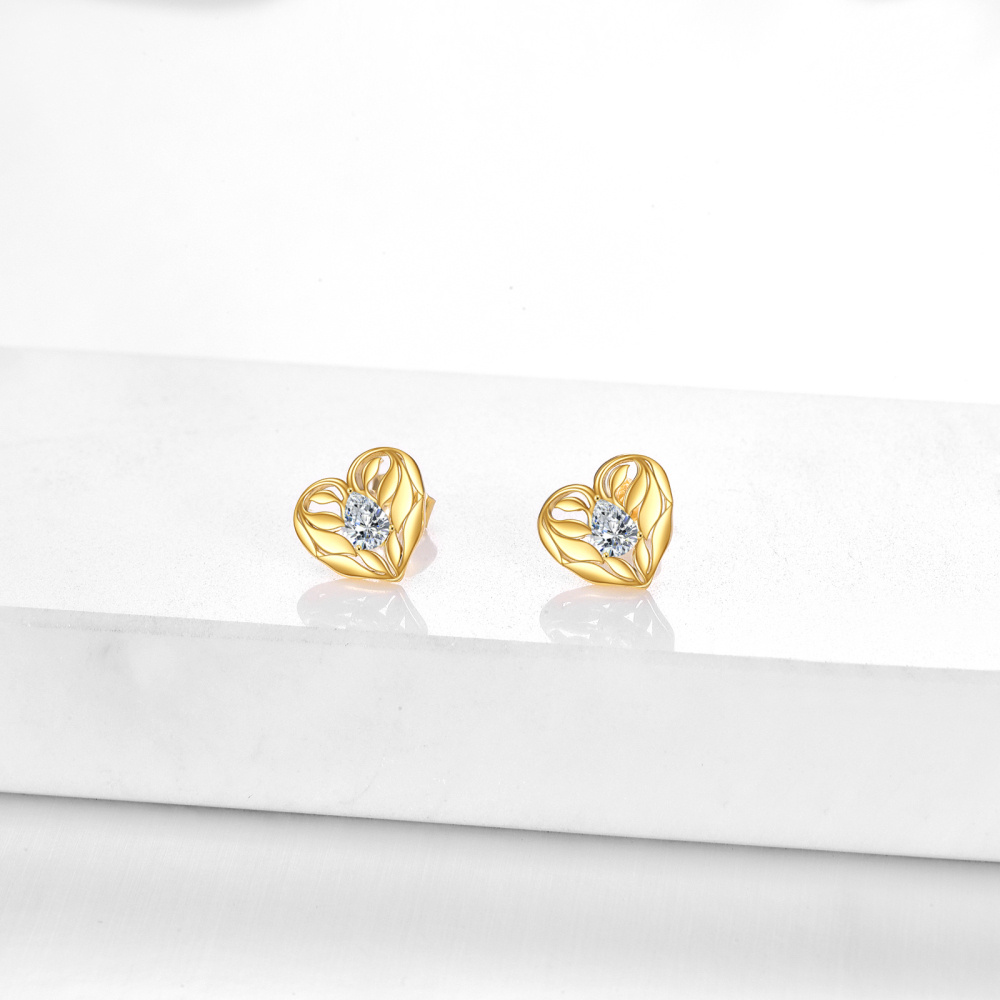 10K Gold Cubic Zirconia Heart Stud Earrings-3
