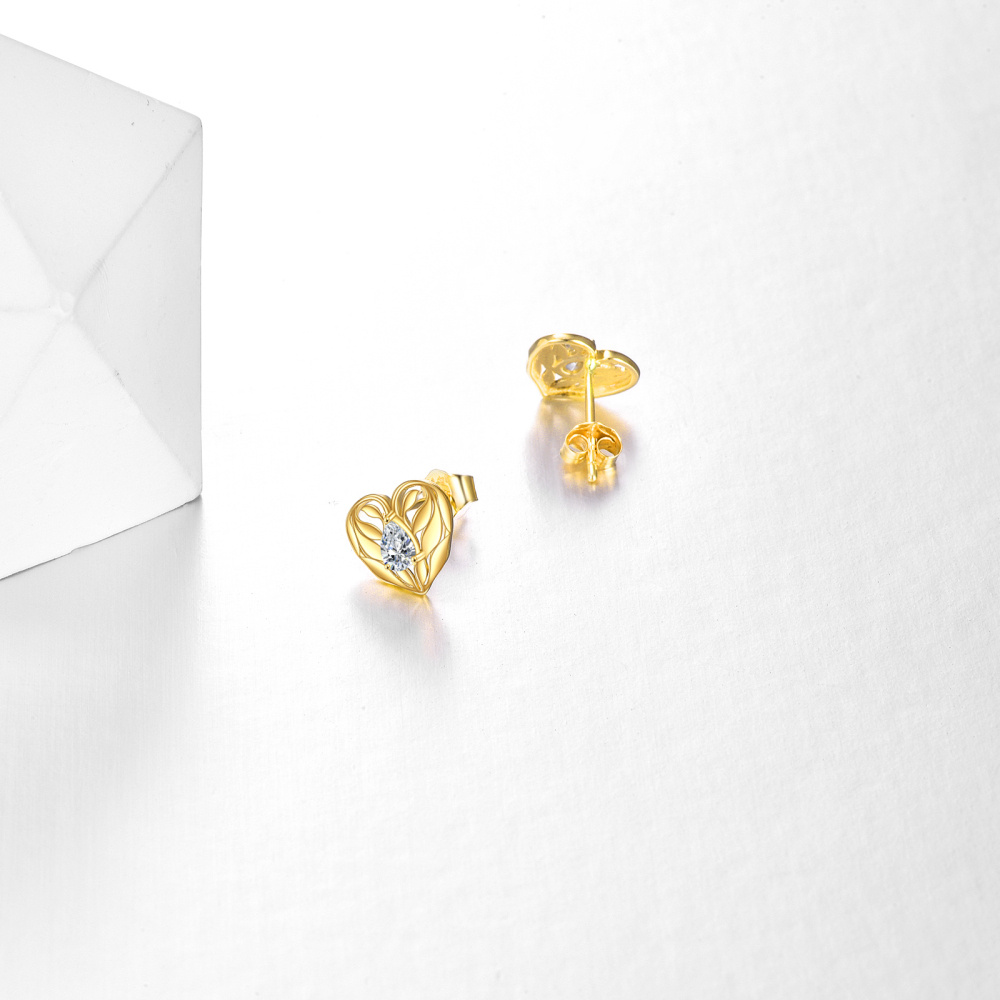 10K Gold Cubic Zirconia Heart Stud Earrings-4