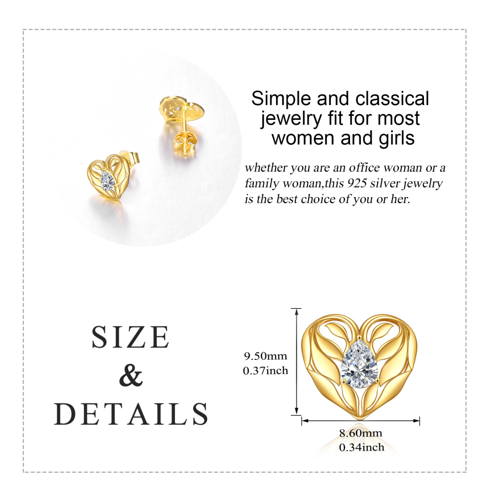 10K Gold Cubic Zirconia Heart Stud Earrings-5