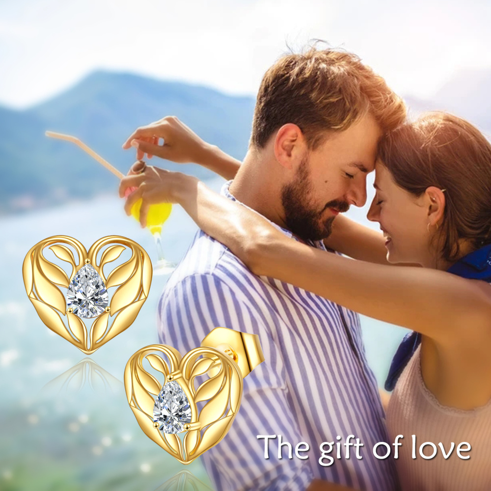 10K Gold Cubic Zirconia Heart Stud Earrings-6