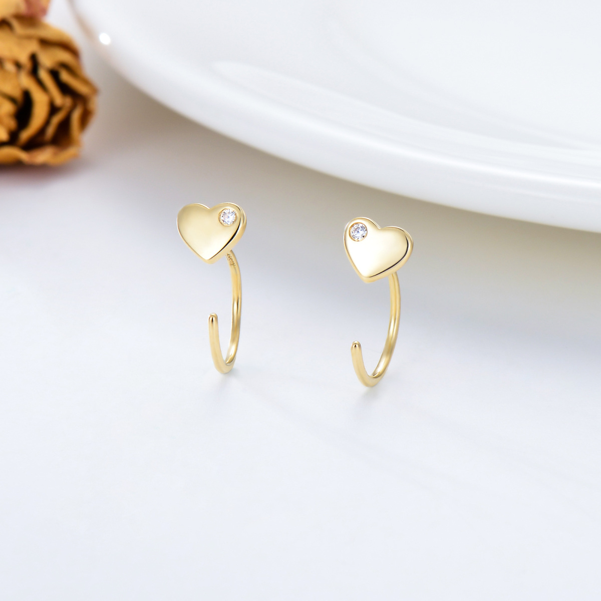 14K Gold Cubic Zirconia Heart Stud Earrings-3