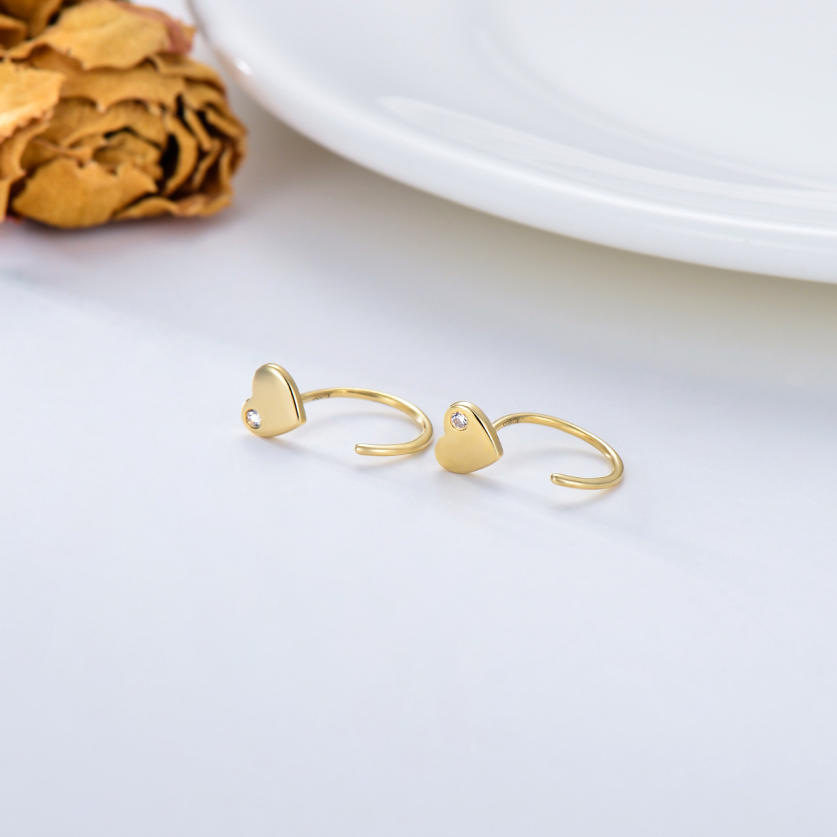 14K Gold Cubic Zirconia Heart Stud Earrings-4