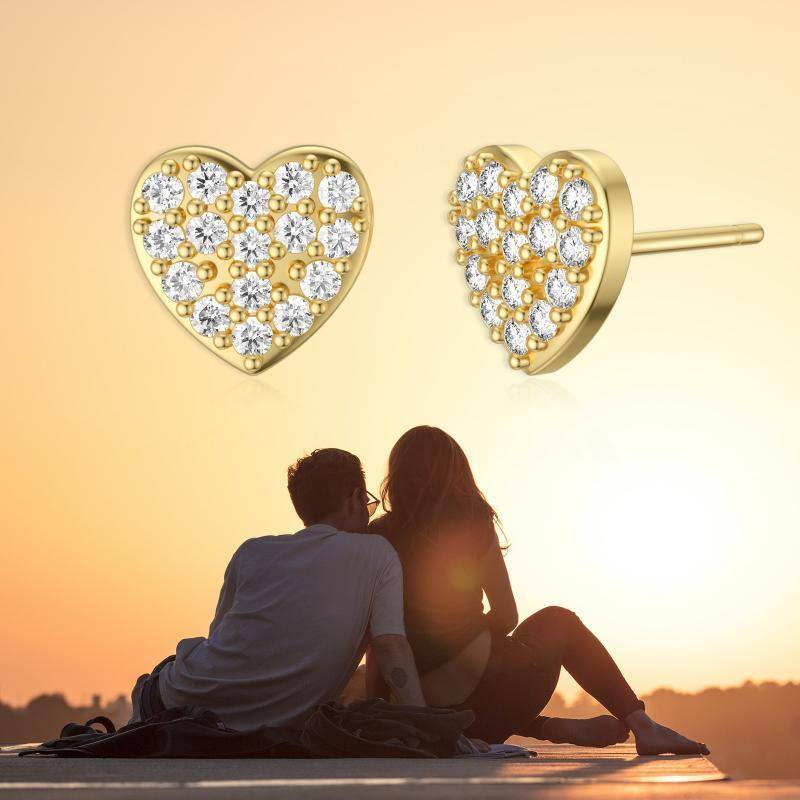 10K Gold Cubic Zirconia Heart Stud Earrings-4