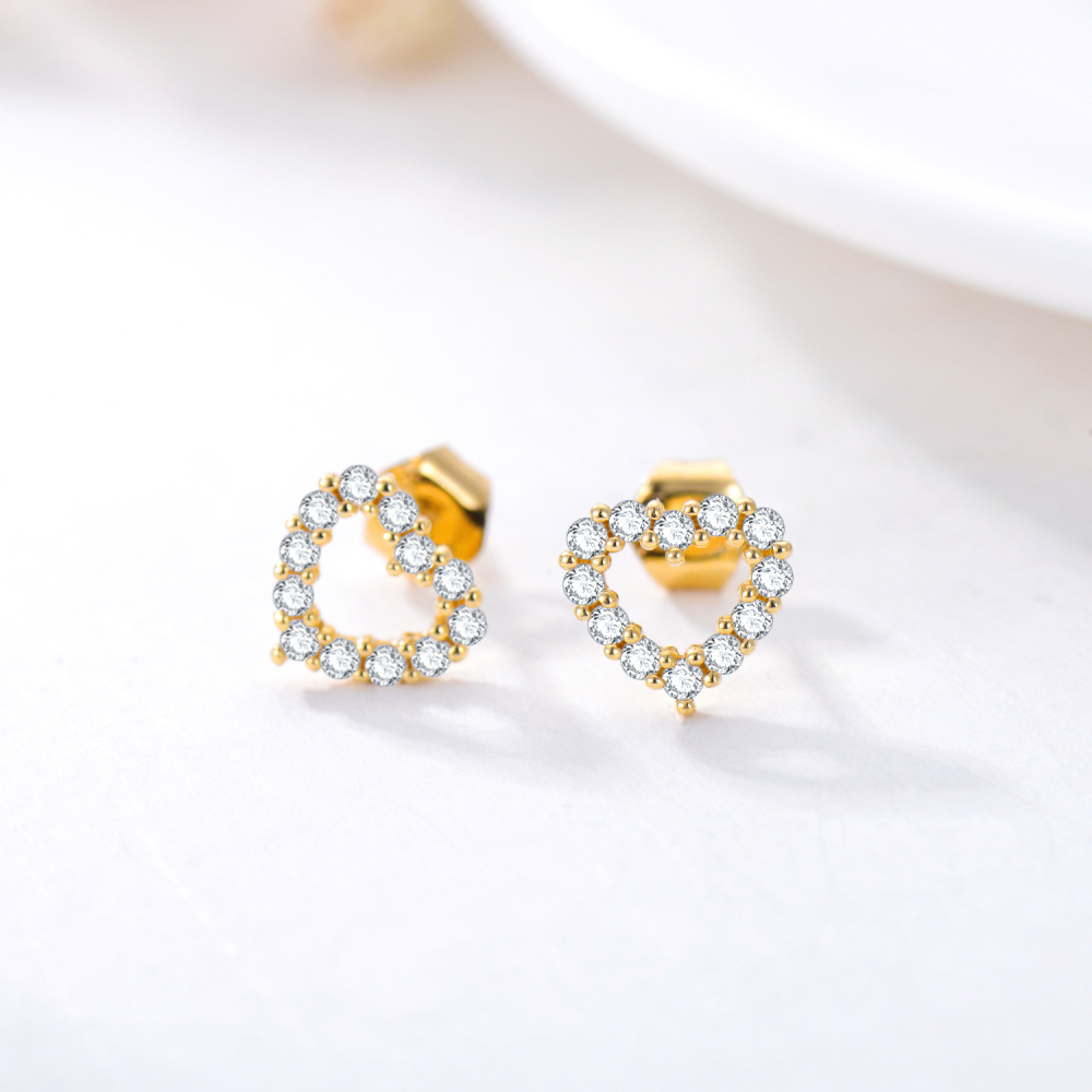 10K Gold Cubic Zirconia Heart Stud Earrings-3