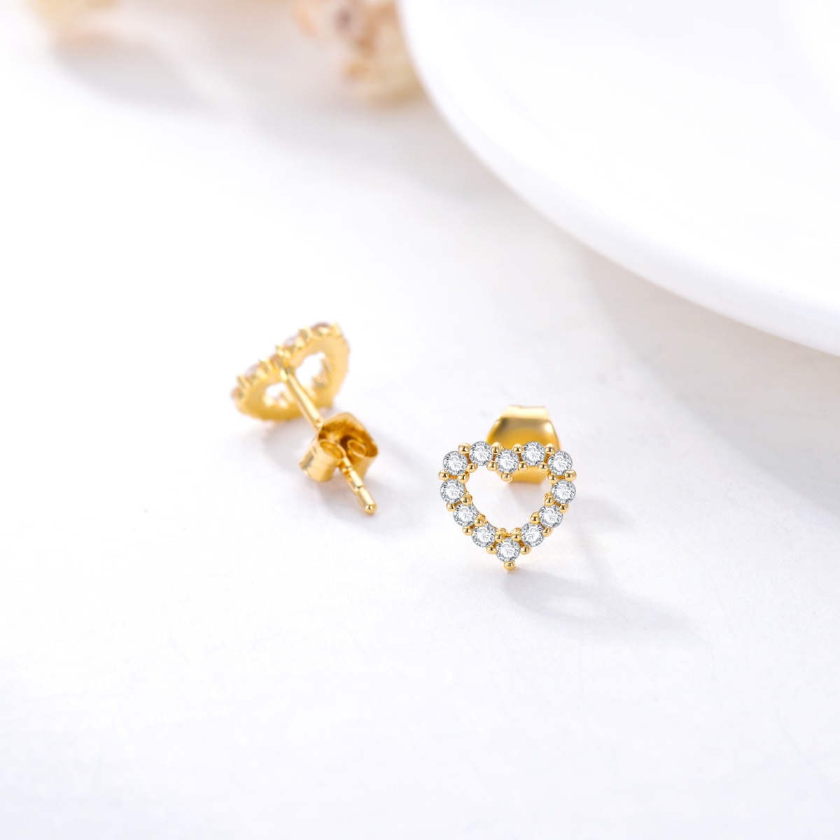 14K Gold Cubic Zirconia Heart Stud Earrings-4