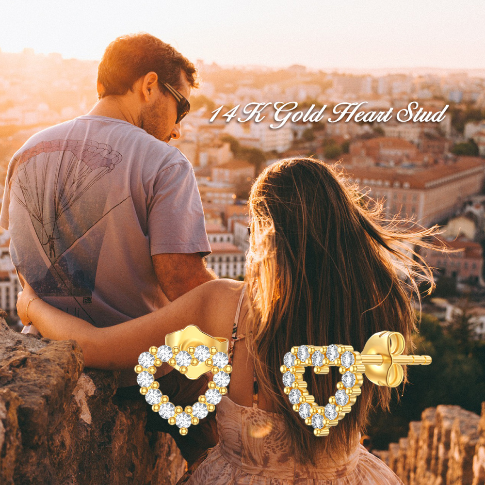 10K Gold Cubic Zirconia Heart Stud Earrings-5