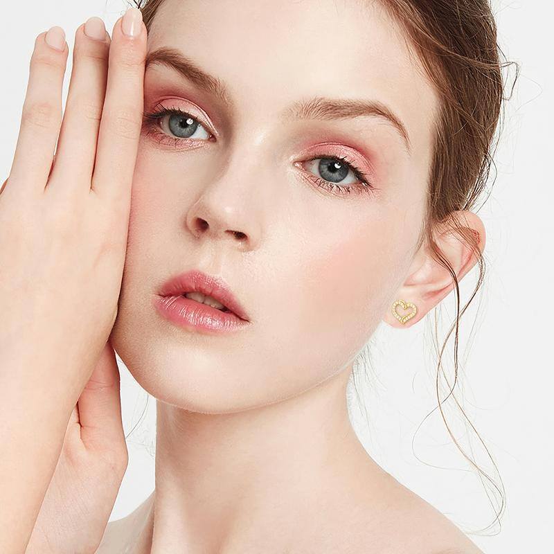 10K Gold Cubic Zirconia Heart Stud Earrings-2