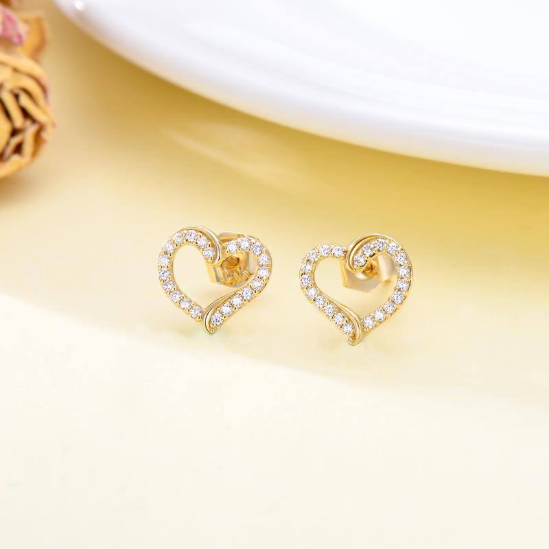 Boucles d'oreilles à tige en forme de cœur et de zircons cubiques en or 14 carats-3