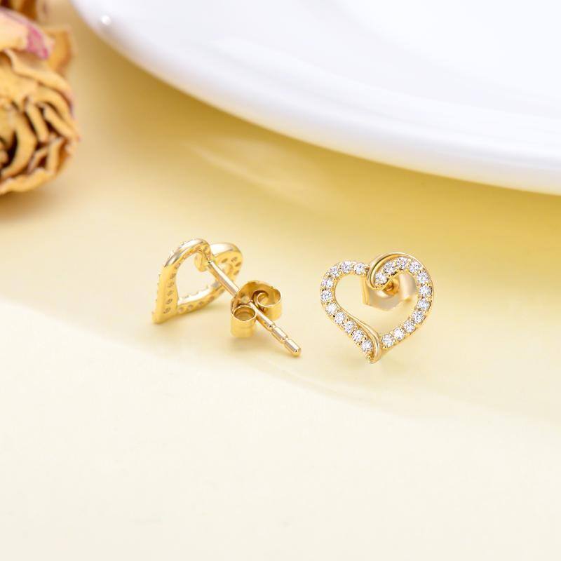 10K Gold Cubic Zirconia Heart Stud Earrings-4
