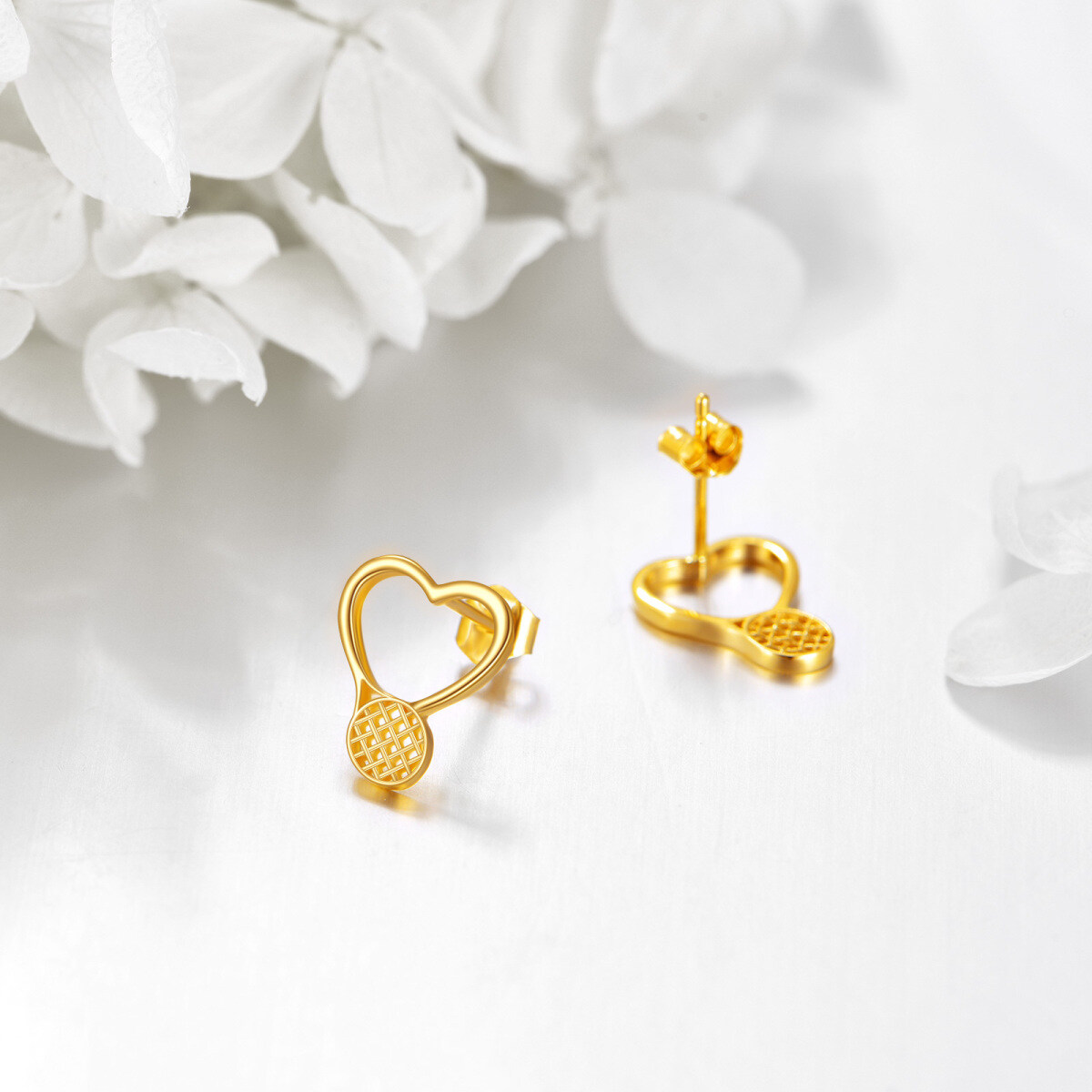 10K Gold Heart & Tennis Racket Stud Earrings-3