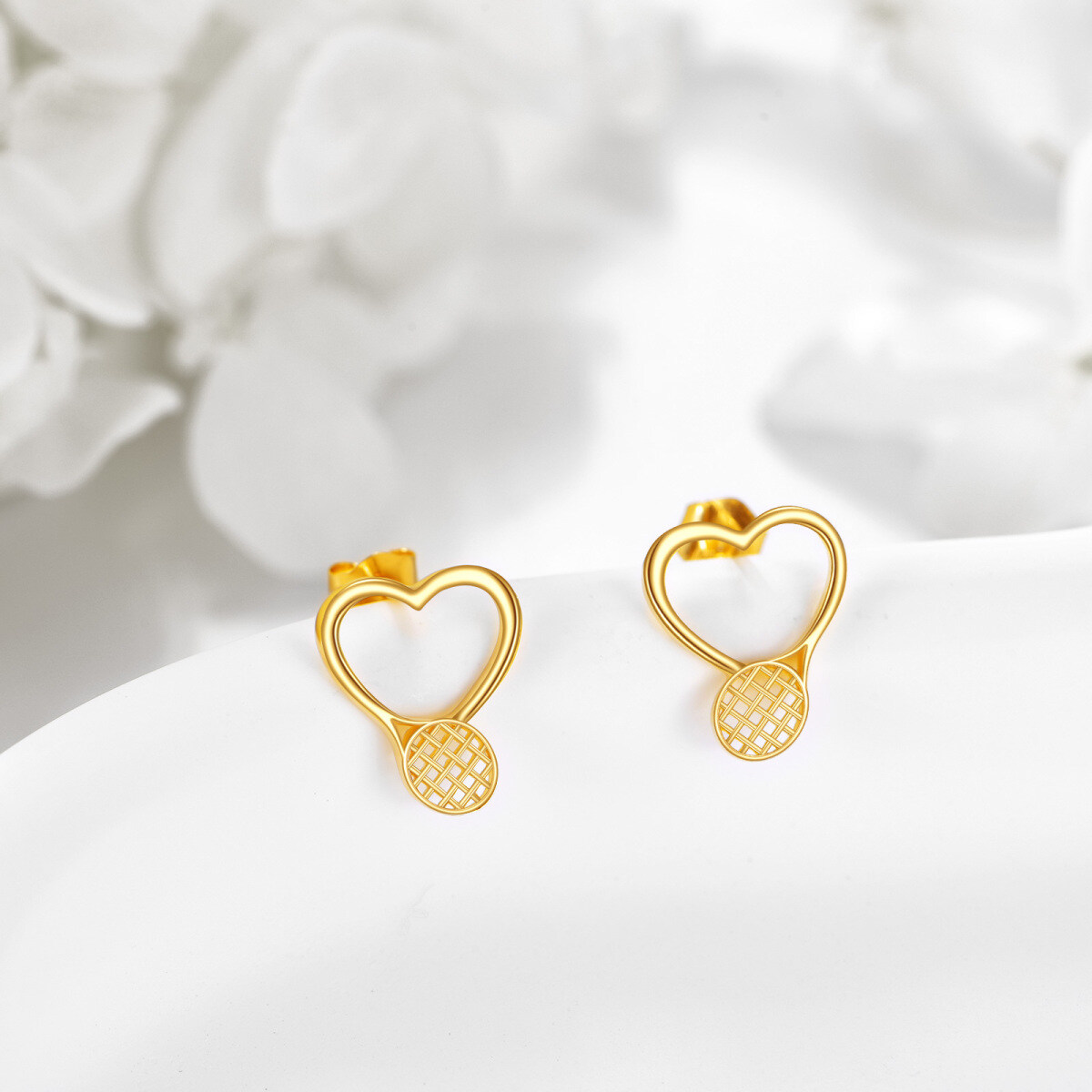 10K Gold Heart & Tennis Racket Stud Earrings-4