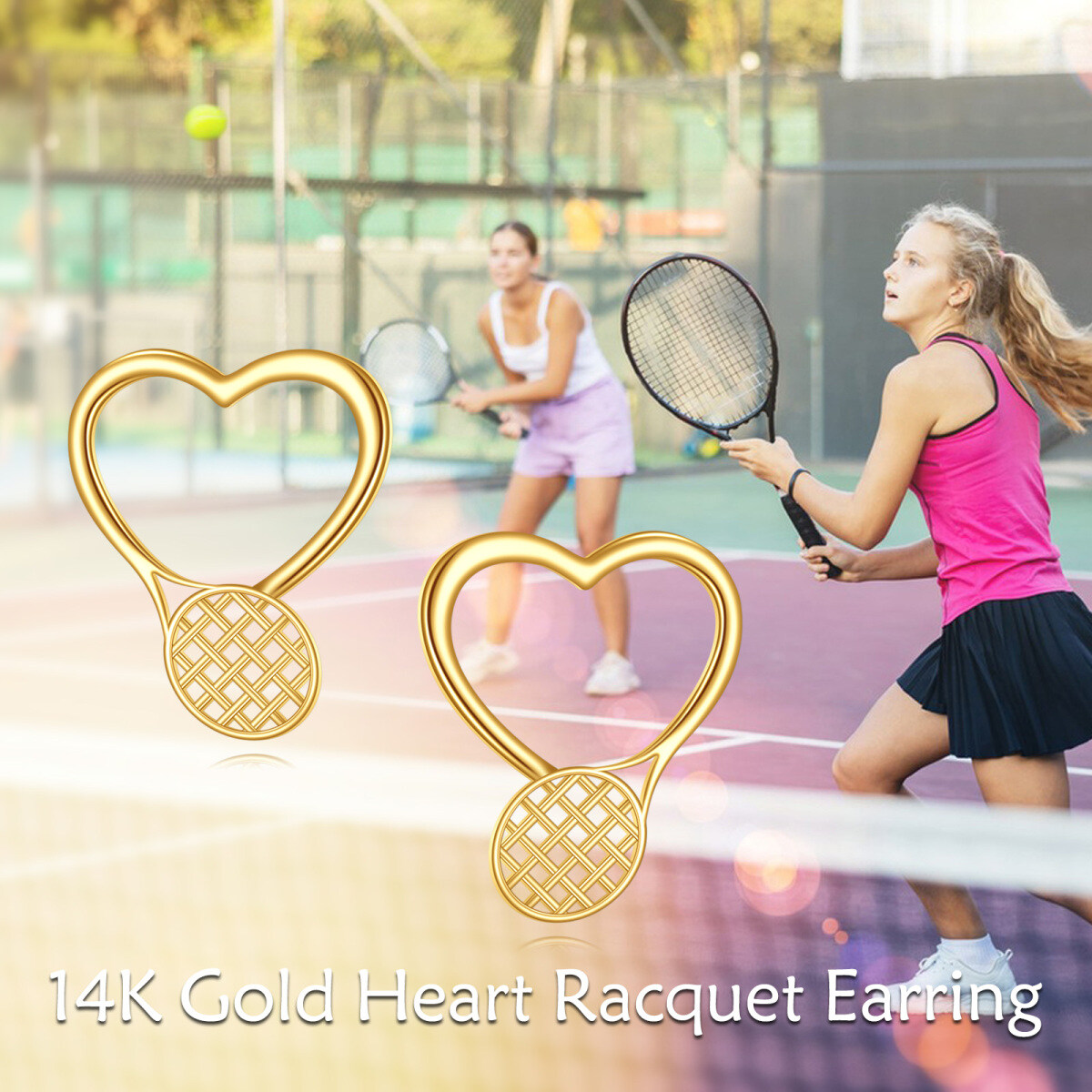 10K Gold Heart & Tennis Racket Stud Earrings-6