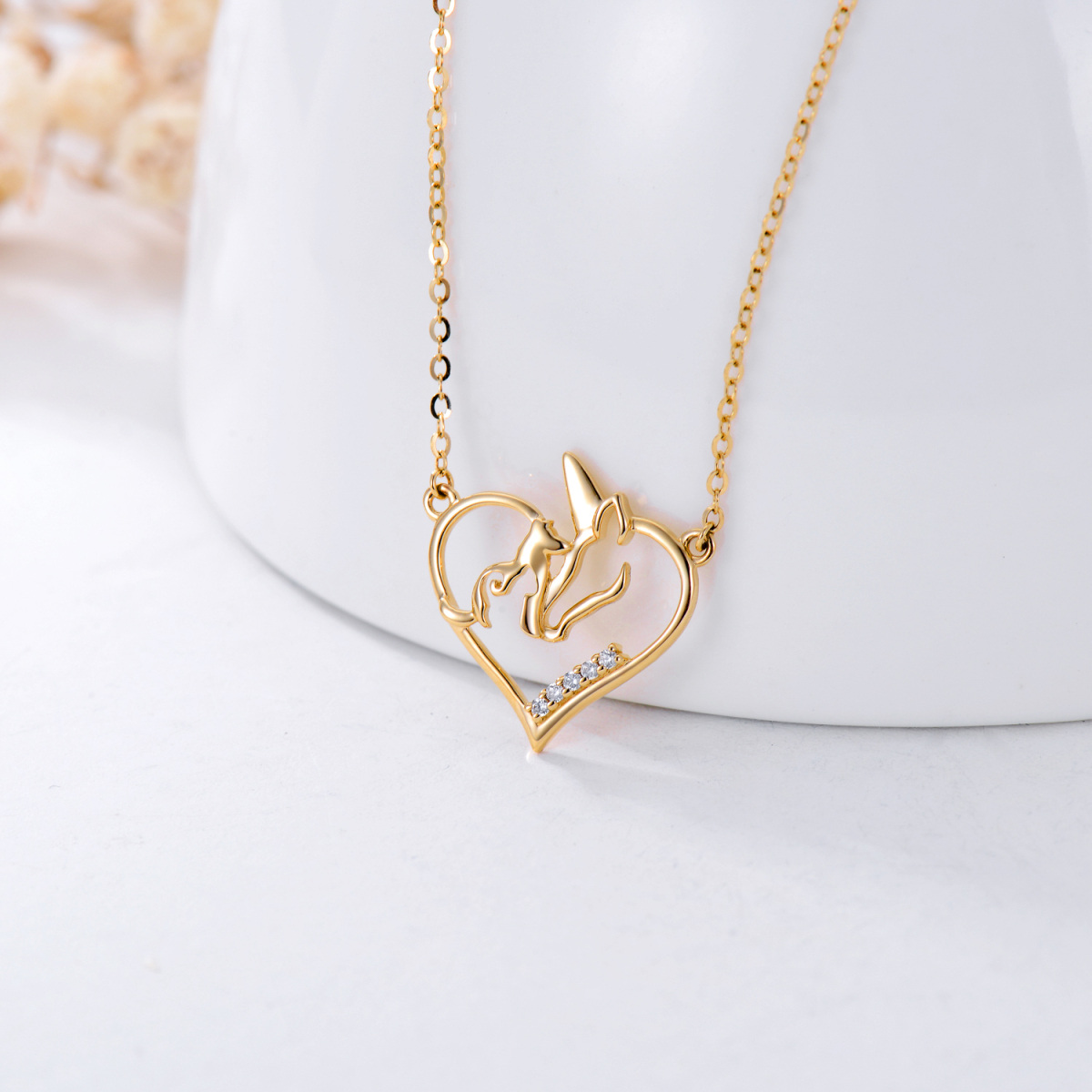 Collier pendentif coeur et licorne en or 14K à zircon cubique-3