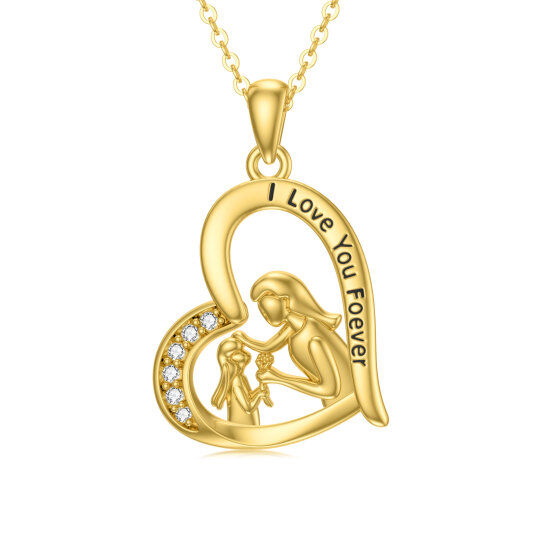 14K Yellow Gold Heart Zircon Mother With Daughter Heart Pendant Necklace For Women