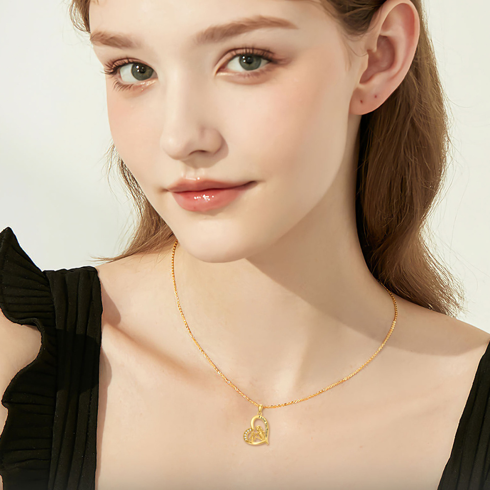 10K Yellow Gold Heart Zircon Mother With Daughter Heart Pendant Necklace For Women-2
