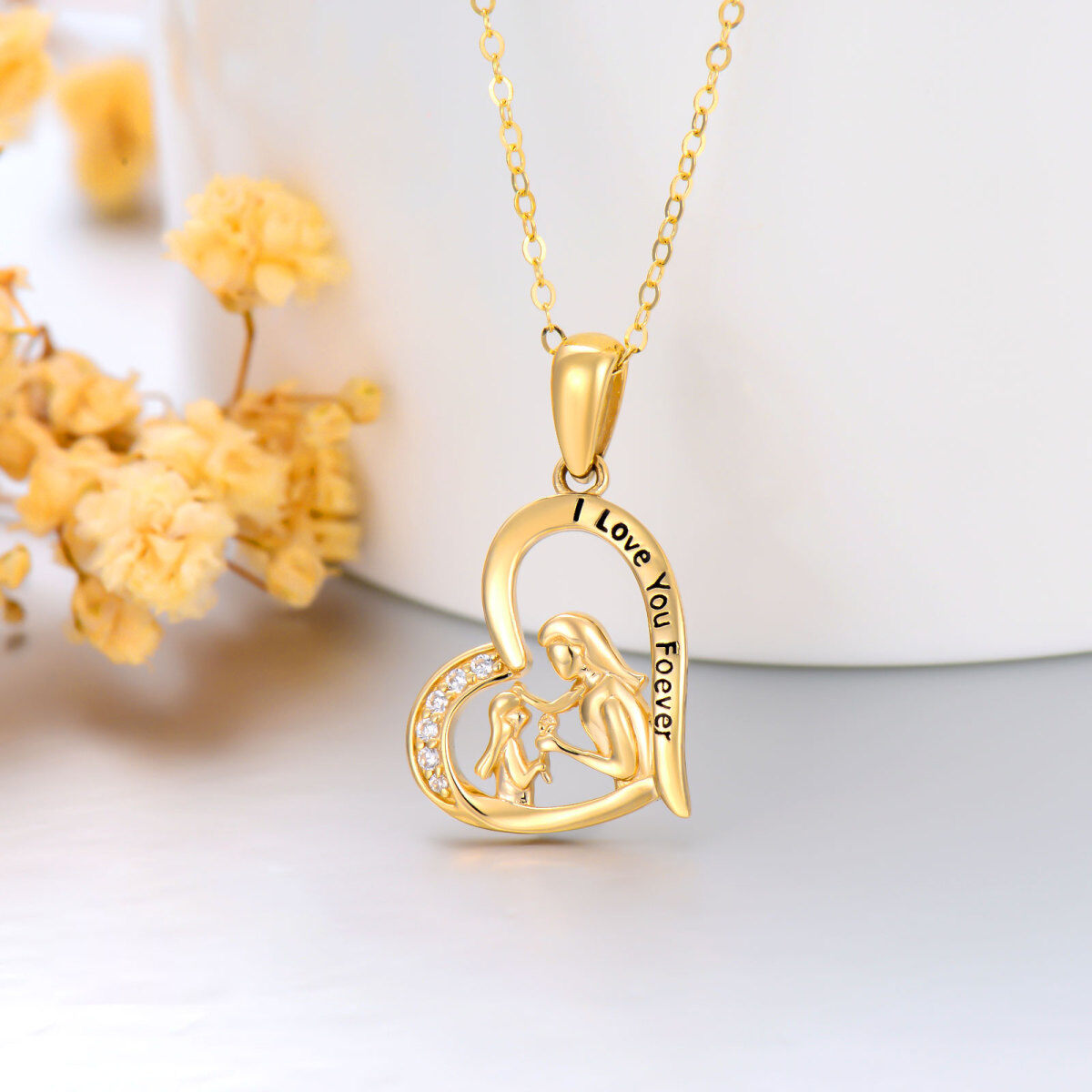 Mãe de zircão de coração de ouro amarelo 14K com colar de pingente de coração de filha para mulheres-3