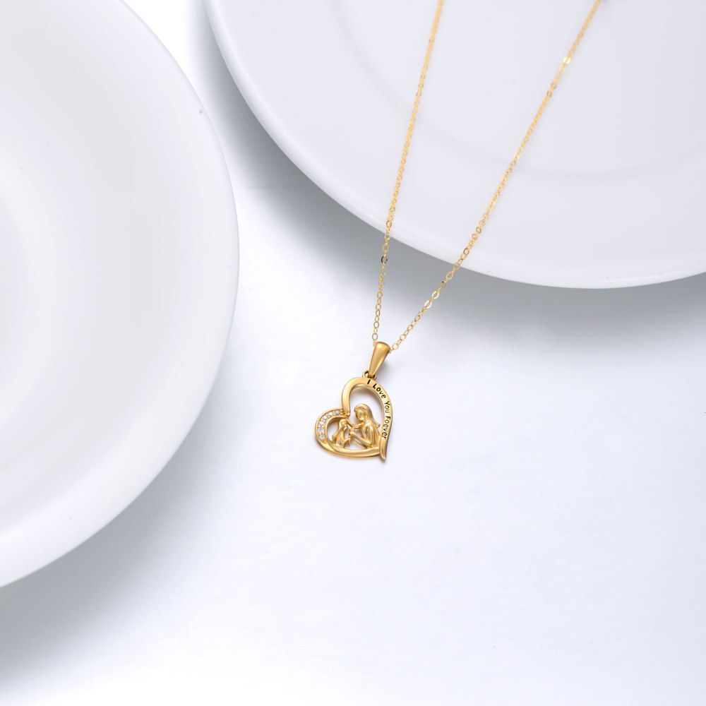 10K Yellow Gold Heart Zircon Mother With Daughter Heart Pendant Necklace For Women-4