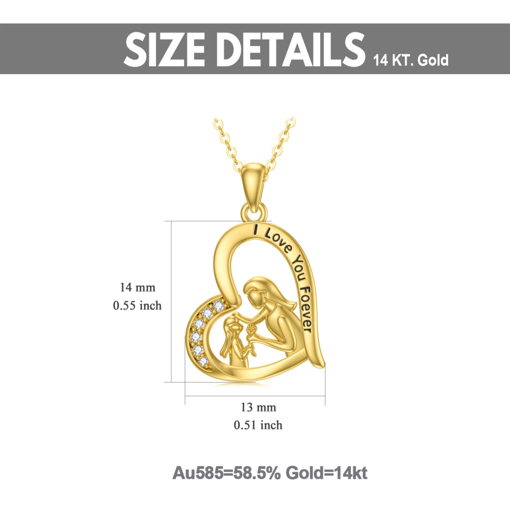10K Yellow Gold Heart Zircon Mother With Daughter Heart Pendant Necklace For Women-5