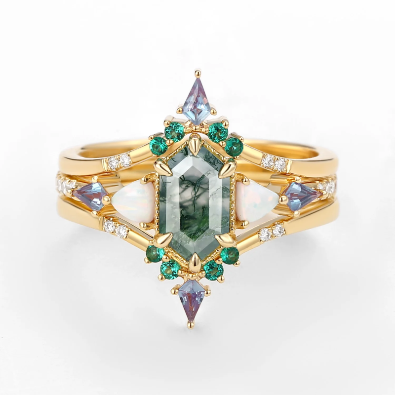 Sterling Silver with Yellow Gold Plated Hexagon Cut Moss Agate Engagement Ring-1