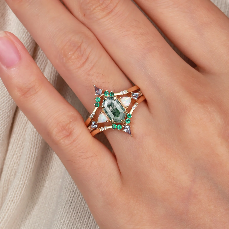 Sterling Silver with Rose Gold Plated Hexagon Cut Moss Agate Engagement Ring-2
