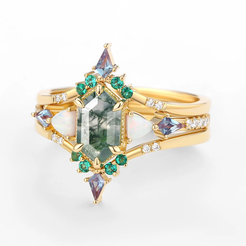 Sterling Silver with Rose Gold Plated Hexagon Cut Moss Agate Engagement Ring-3