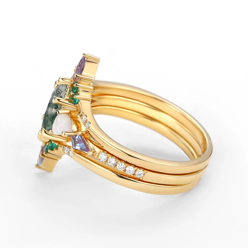 Sterling Silver with Rose Gold Plated Hexagon Cut Moss Agate Engagement Ring-4