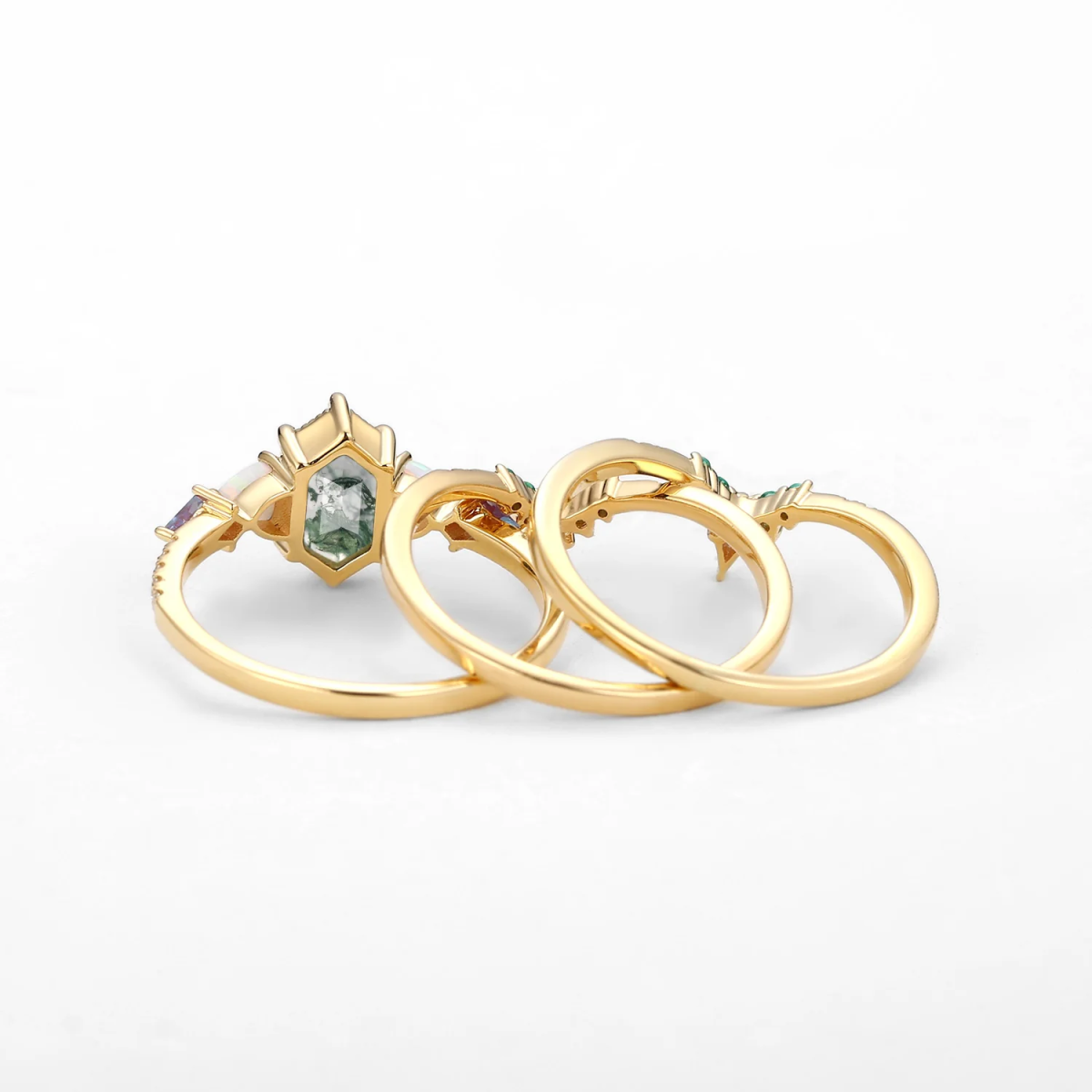 Anillo de compromiso de ágata musgosa con corte hexagonal en oro de 10 quilates-5