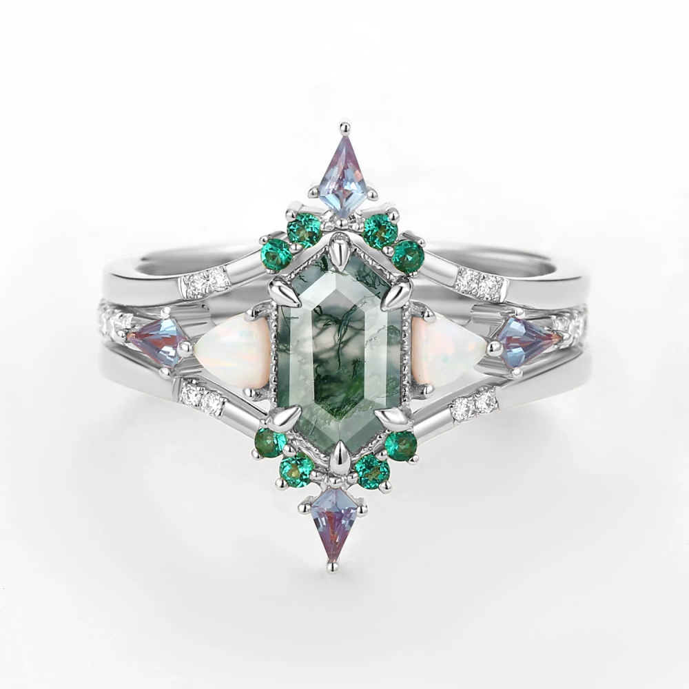 14K Rose Gold Hexagon Cut Moss Agate Engagement Ring-6