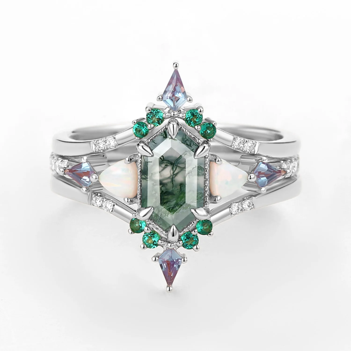 Anillo de compromiso de ágata musgosa con corte hexagonal en oro de 10 quilates-6