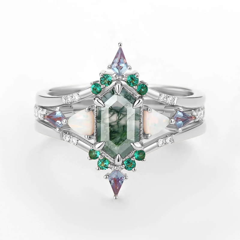Sterling Silver with Rose Gold Plated Hexagon Cut Moss Agate Engagement Ring-6