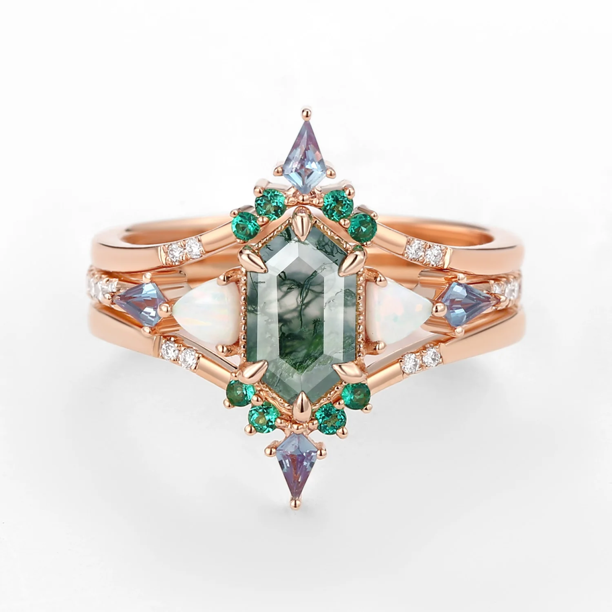 Anillo de compromiso de ágata musgosa con corte hexagonal en oro de 10 quilates-7